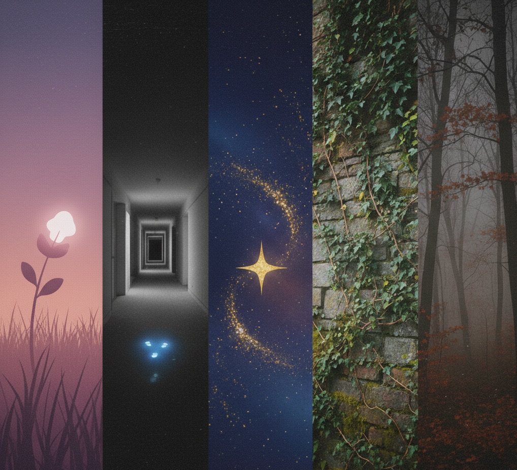 A five-panel collage of flowers, a hallway, stars, ivy, and forest